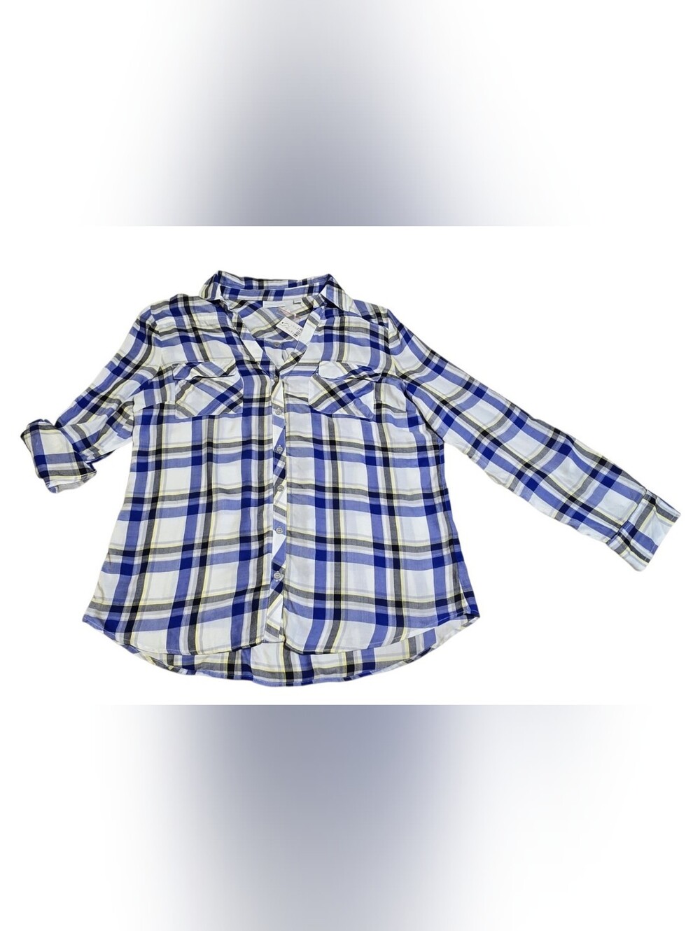 NWT New York & Co Womens Lightweight Plaid Roll Up Long Sleeve Button Shirt XL
